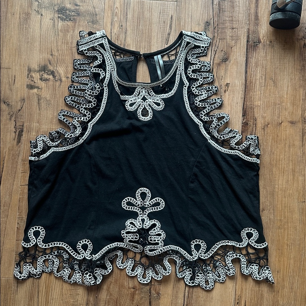 Anthropologie Black Top with White Lace Detail
